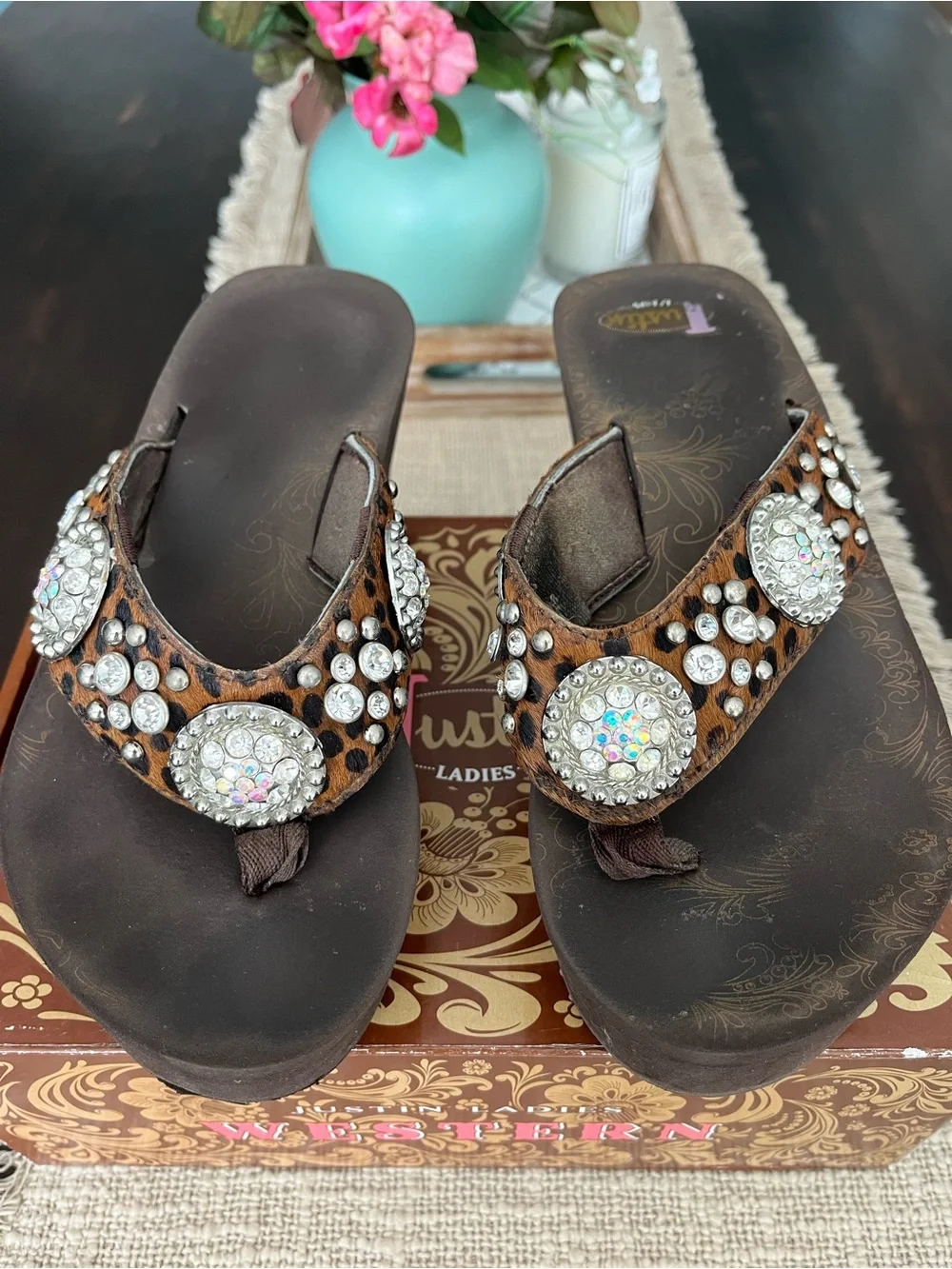 Brown Leopard Platform flip flops with Crystal Medallions